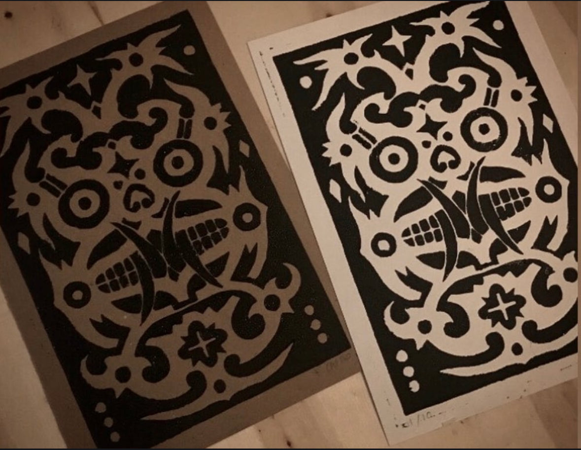 A4 Borneo Mask and Dog Lino Print