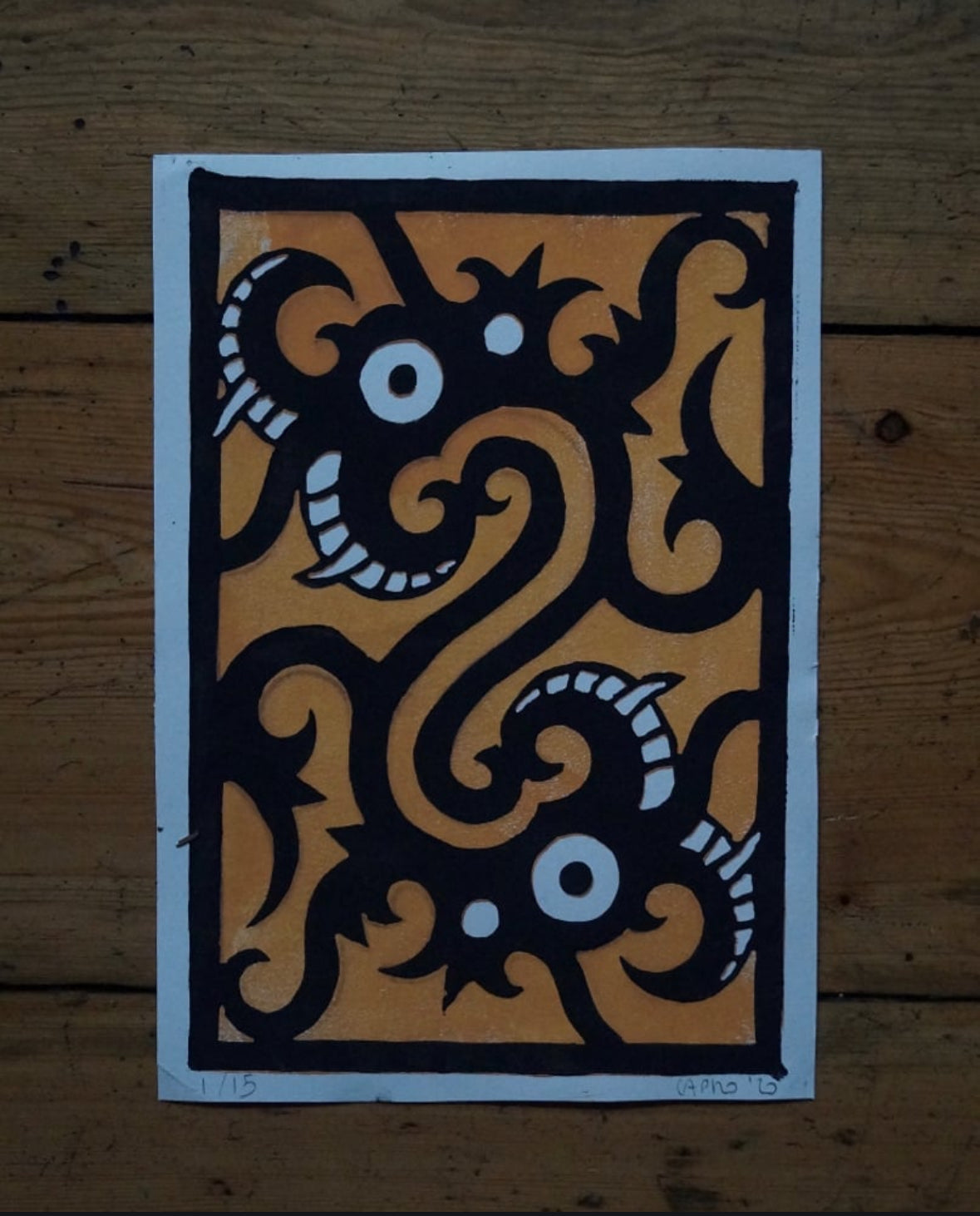 A5 2 colors reduction lino print