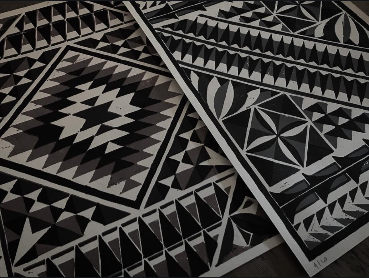 A3 Pacific patterns 3 colors reduction lino print