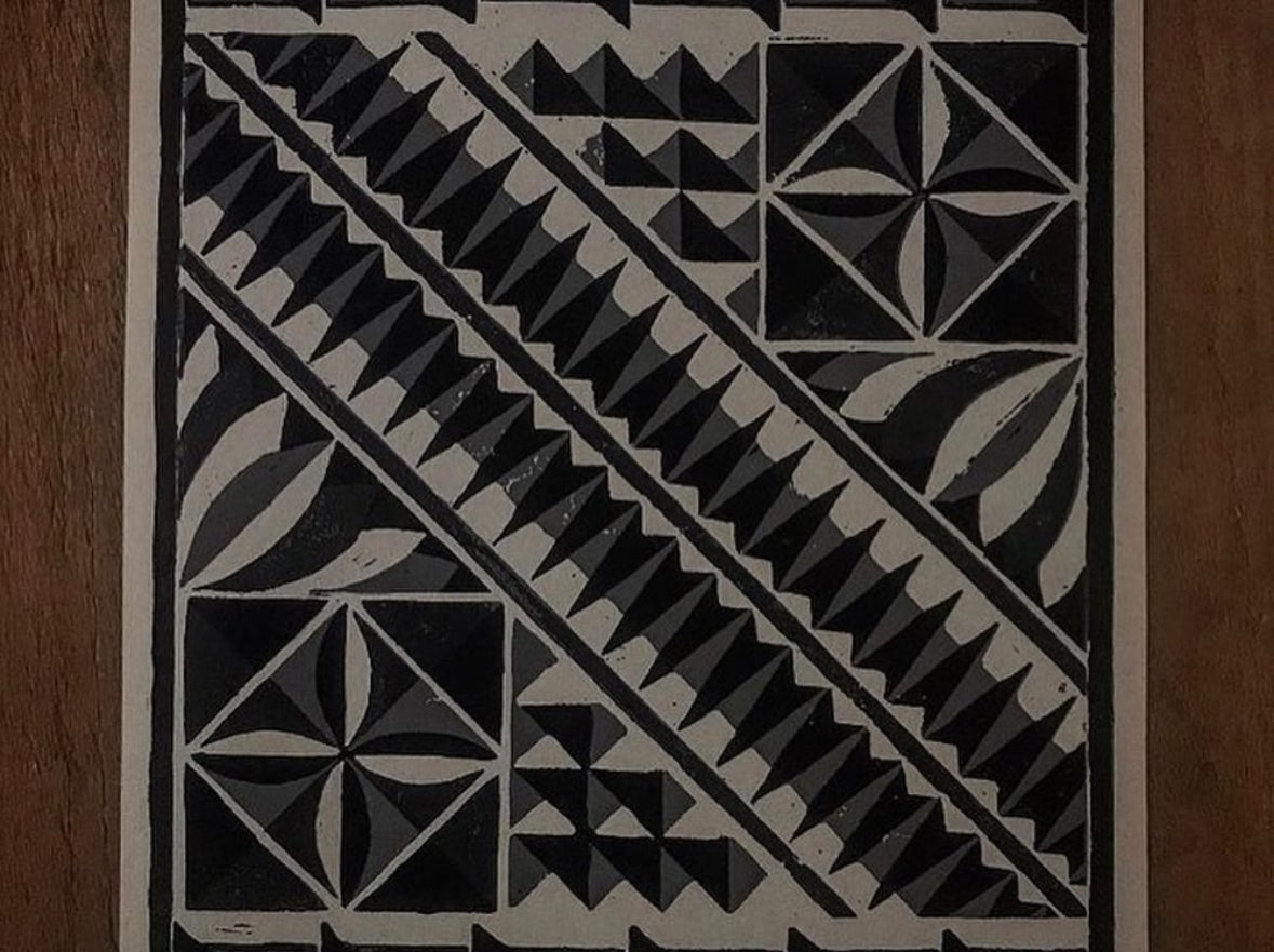 A3 Pacific patterns 3 colors reduction lino print