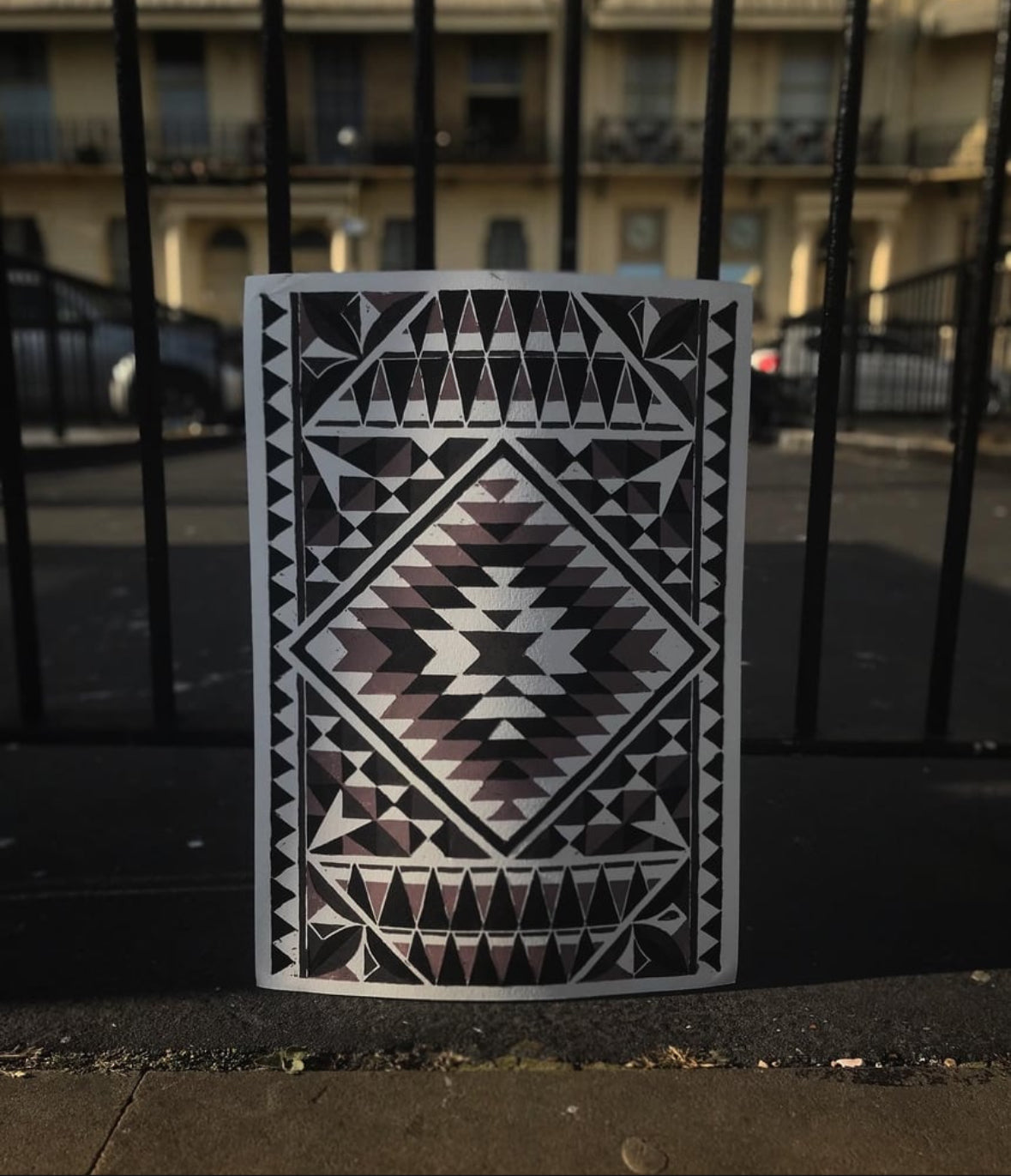 A3 Pacific patterns 3 colors reduction lino print