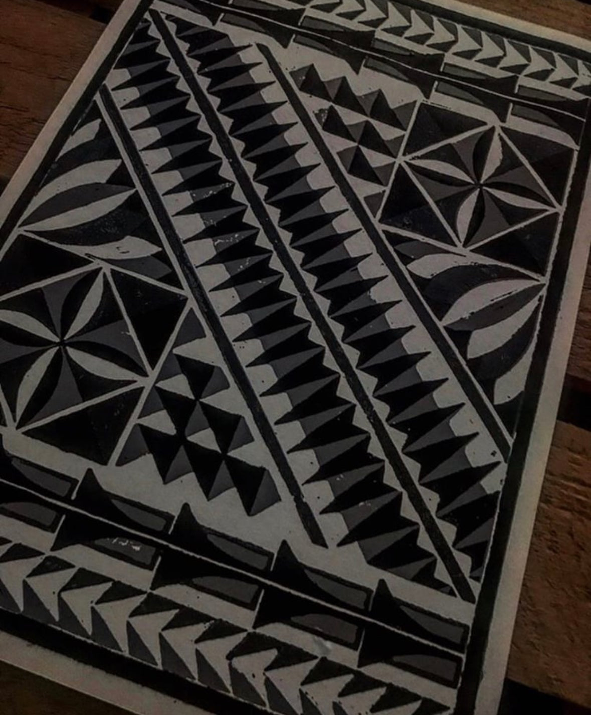 A3 Pacific patterns 3 colors reduction lino print